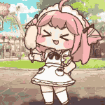 アニメ,メイド,ピンク髪,女性,笑顔,綿菓子,ちびキャラ,屋外