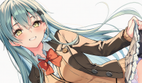 女性,ロングヘア,青髪,制服,笑顔,アニメ,リボン,セーラー服