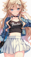 女性,金髪,ロングヘア,アニメ風,ショートトップス,ミニスカート,青いジャケット,チョーカー,ヘアピン,Physician