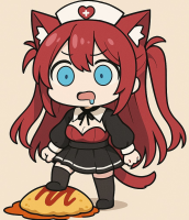 猫耳,ナース,赤髪,オムライス,チビキャラ,青い目,黒いドレス,アニメ風