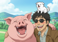 男性,サングラス,タバコ,犬,頭の上,豚,笑顔,自然,アニメ,動物