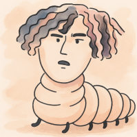 芋虫,人間の顔,イラスト,カールした髪,擬人化