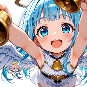 アニメ,天使,翼,青髪,青い目,少女,ベル,白いドレス,笑顔,ミニキャラ