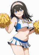 アニメ,イラスト,チアリーダー,女の子,ポンポン,ミニスカート,ヘアバンド,おへそ,青,EE