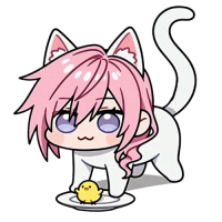 猫,ピンク髪,アニメ風,魚,皿,かわいい,キャラクター