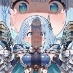 青髪,ショートヘア,アニメキャラクター,涙,驚き,防具,ファンタジー,二丁拳銃,女性,真剣な表情