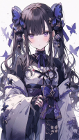 アニメ,少女,黒髪,蝶,リボン,和服,紫