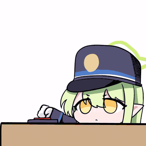 アニメ,女の子,警察帽,帽子,ボタン,机,押す,緑髪,エルフ耳