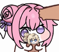 ピンク髪,キャラクター,頭を叩く,紫色の目,リボン,ミニキャラ,アニメスタイル