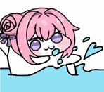 ピンク髪,アニメキャラクター,水遊び,紫色の目,可愛い,イラスト