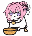 ゆるキャラ,ピンク髪,お団子ヘア,紫目,抹茶,座っている,アニメ風,かわいい
