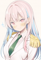 アニメキャラクター,ピンク髪,水色髪,制服,ネクタイ,微笑み,女性,金色の肩章