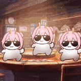 アニメキャラ,うさぎ,サングラス,3体,踊る,かわいい,ピンク髪,室内,ギャグ